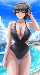 1girl absurdres amagami beach black_hair black_one-piece_swimsuit blue_sky breasts brown_eyes casual_one-piece_swimsuit cleavage cloud commentary cowboy_shot day english_commentary fie_nanoo gluteal_fold highres large_breasts ocean one-piece_swimsuit outdoors ponytail short_hair sky solo swimsuit thigh_gap tsukahara_hibiki