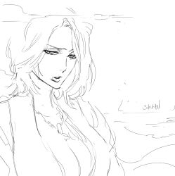 1girl artist_name bleach bleach:_sennen_kessen-hen breasts cleavage highres large_breasts matsumoto_rangiku sekihan sketch solo