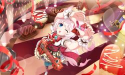 Rule 34 | 1girl, ;o, ahoge, animal ear fluff, animal ears, apron, arms up, artist request, back bow, blue eyes, bow, bowtie, cupcake, electric guitar, food, fox ears, fox girl, fox tail, frilled apron, frills, from above, glowstick, guitar, hair bow, heart, heart hands, howan (show by rock!!), instrument, leg up, lens flare, looking at viewer, looking up, official art, one eye closed, pink hair, puffy short sleeves, puffy sleeves, red bow, red bowtie, red nails, red ribbon, ribbon, shirt, short hair, short sleeves, show by rock!!, side ponytail, solo, sparkle, speaker, stage, standing, tail, third-party source, waist apron, white apron, white shirt, wrist cuffs
