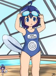 1girl :o absurdres adjusting_goggles ahoge arms_up artist_request blue_eyes blue_hair blue_one-piece_swimsuit feet_out_of_frame gen_1_pokemon goggles goggles_on_head highres indoor_pool indoors japanese_text moemon nintendo one-piece_swimsuit open_mouth pokemon poliwag poolside signature spiral sprite standing swim_goggles swimsuit tail tail_raised