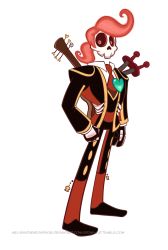 1boy animated animated_gif atomi-cat bouncing clenched_hand formal_clothes guitar heart instrument looking_at_viewer male_focus manolo_sanchez mystery_skulls necktie parody pink_eyes pink_hair ponytail simple_background skeleton solo standing style_parody the_book_of_life transparent_background watermark web_address white_background