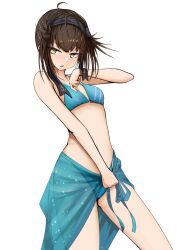 1girl absurdres ahoge bikini blue_bikini breasts brown_hair cowboy_shot hachimaki hatsuzuki_(kancolle) headband highres kantai_collection looking_to_the_side medium_breasts medium_hair open_mouth solo swimsuit tastas translation_request yellow_eyes