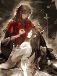 2boys absurdres alternate_costume bishounen black_hair blood blood_on_clothes blood_on_face brown_hair candle candlestand cave chinese_clothes chinese_commentary grey_eyes hair_down hair_ribbon half_updo hands_up hanfu headband highres hug injury lan_wangji long_hair long_sleeves looking_at_another lying lying_on_person male_focus modao_zushi multiple_boys official_alternate_hairstyle parted_lips ponytail red_hanfu red_ribbon ribbon robe shenzhang10011 sitting smoke sweatdrop topknot torn_clothes wei_wuxian wei_wuxian_(yiling_laozu) white_hanfu white_headband wide_sleeves xiao_guan_(headdress) yaoi yellow_eyes
