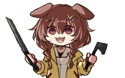1girl :3 :d animal_collar animal_ears axe bone_hair_ornament bonesaw braid brown_eyes brown_hair chibi collar dog_ears dog_girl dress empty_eyes fangs hair_between_eyes hair_ornament hairclip hatchet_(axe) holding holding_axe hololive inugami_korone inugami_korone_(1st_costume) jacket long_hair low_twin_braids low_twintails open_clothes open_jacket open_mouth orakuru_(oracle_art) red_collar saw shaded_face simple_background smile solo twin_braids twintails upper_body virtual_youtuber white_background white_dress yandere yellow_jacket