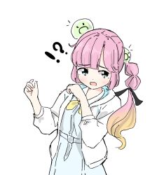 Rule 34 | !?, 1girl, anyoji hime, blue dress, blue eyes, blush, commentary, cowboy shot, dress, hands up, hasu no sora school uniform, highres, hood, hooded jacket, jacket, link! like! love live!, long hair, love live!, multi-tied hair, neckerchief, open clothes, open jacket, open mouth, ponytail, raised inner eyebrows, sailor collar, school uniform, sidelocks, simple background, solo, standing, summer uniform, symbol-only commentary, tazaki masanobu, three-quarter sleeves, virtual youtuber, white background, white jacket, white sailor collar, yellow neckerchief