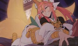 amaterasu_(fate) animal_ears ass breasts commission dress fate/extra fate/extra_ccc fate_(series) fox_ears fox_tail highres jewelry kamuify large_breasts looking_at_viewer lying multiple_tails on_stomach orange_eyes pink_hair signature smug solo tail tamamo_(fate)