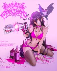 1girl alcohol arm_support artistic_error bat_(animal) bikini bikini_top_only body_horror boots bottle bracelet brando_chiesa breasts bring_me_the_horizon choker cleavage collar copyright_request demon_girl earrings english_text finger_on_trigger fingernails garter_belt garter_straps gun handgun high_heels holding holding_gun holding_weapon jewelry kneeling long_fingernails long_hair looking_at_viewer medium_breasts nail_polish navel o-ring o-ring_top open_fly original piercing pink_bikini pink_shorts pointy_ears purple_hair red_eyes revolver shell_casing shoes short_shorts shorts smile solo spiked_bracelet spikes swimsuit thighhighs very_long_hair weapon wings