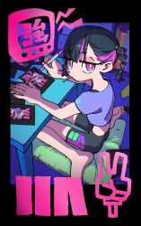 1girl alternate_costume alternate_hairstyle black_hair black_shorts braid character_name crop_top cushion expressionless hanabushi holding holding_pen kneeling looking_at_viewer multicolored_hair nira-chan nira-chan_(obenkyou_shitoiteyo)_(zutomayo) obenkyou_shitoiteyo pen pink_eyes pink_hair purple_shirt shirt shorts streaked_hair table zutto_mayonaka_de_ii_no_ni