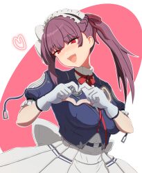 1girl absurdres blush centaureissi_(girls&#039;_frontline_2) commentary_request cosplay covenant_halo_(girls&#039;_frontline_2) g36_(girls&#039;_frontline) g36_(girls&#039;_frontline)_(cosplay) girls&#039;_frontline girls&#039;_frontline_2:_exilium gloves hair_ribbon heart heart_hands highres long_hair looking_at_viewer maid_headdress makiatto_(girls&#039;_frontline_2) monta818 neck_ribbon open_mouth partially_fingerless_gloves pink_background purple_hair red_eyes ribbon side_ponytail simple_background skirt smile solo two-tone_background upper_body wa2000_(girls&#039;_frontline) white_background white_skirt