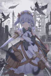 1girl absurdres asymmetrical_dual_wielding bare_shoulders bird black_dress black_feathers blurry blurry_foreground cowboy_shot crow dagger dress dual_wielding feathers goggles goggles_on_head grey_eyes grey_hair gun highres holding holding_dagger holding_gun holding_knife holding_weapon knife maid one_side_up original outdoors rain scenery solo_focus weapon white_dress zuimoxian