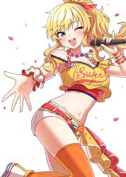 Rule 34 | 1girl, blonde hair, blue eyes, bow, breasts, cleavage, crop top, hair bow, high ponytail, highres, holding, holding microphone, idolmaster, idolmaster cinderella girls, large breasts, long hair, looking at viewer, micro shorts, microphone, midriff, navel, niban (puka 0507), ohtsuki yui, one eye closed, open mouth, orange thighhighs, ponytail, scrunchie, shorts, simple background, smile, solo, thighhighs, wavy hair, white background, white scrunchie, white shorts, wrist scrunchie