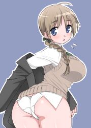 1girl ass blue_eyes braid braided_ponytail breasts brown_hair from_behind green_necktie highres jacket large_breasts looking_at_viewer looking_back lynette_bishop necktie panties ponytail remoso removing_jacket shirt single_braid strike_witches surprised sweater_vest underwear undressing white_panties white_shirt world_witches_series
