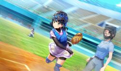 baseball baseball_glove baseball_helmet baseball_stadium baseball_uniform belt_pouch bike_shorts_under_skirt black_gloves black_hair black_pouch black_shorts black_undershirt blue_shirt blunt_bangs blurry catcher&#039;s_mask catcher_(baseball) chest_protector cinderella_series depth_of_field dutch_angle fingerless_gloves foot_out_of_frame game_cg gloves green_eyes grey_pants hachigatsu_no_cinderella_nine helmet highres layered_sleeves long_sleeves looking_ahead non-web_source official_art outdoors pants playing_sports pleated_skirt pouch satogahama_baseball_uniform shin_guards shirt shirt_under_shirt short_hair short_over_long_sleeves short_sleeves shorts skirt smear_frame solo_focus sportswear striped_clothes striped_shirt suzuki_waka throwing umpire vertical-striped_clothes vertical-striped_shirt