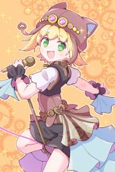 1girl :d absurdres amitie_(puyopuyo) amitie_(steam_city)_(puyopuyo) animal_ear_headwear animal_ears aviator_cap black_shorts black_wrist_cuffs blonde_hair brown_hat cat_ears cowboy_shot double-parted_bangs fake_animal_ears flipped_hair frilled_wrist_cuffs frills gear_background gears happy hat highres holding holding_microphone jazz_grace knee_up layered_clothes looking_at_viewer microphone microphone_stand no_pupils official_alternate_costume open_mouth orange_background outline outstretched_arm puyopuyo puyopuyo_quest short_hair short_sleeves shorts showgirl_skirt smile solo sparkle split_mouth steampunk turning_around vest white_outline wind wrist_cuffs
