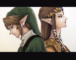 1boy 1girl back-to-back bibabunie blue_eyes brown_hair commentary earrings english_commentary from_side green_hat hair_ribbon hat highres jewelry letterboxed link lips long_hair nintendo pointy_ears princess_zelda profile ribbon simple_background the_legend_of_zelda the_legend_of_zelda:_twilight_princess tress_ribbon tunic upper_body white_ribbon