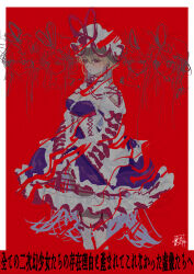 1girl abstract_background absurdres artist_name blonde_hair blue_dress bow breasts cleavage cleavage_cutout clothing_cutout corset crinoline dress garter_straps hat hat_ribbon highres long_hair long_sleeves medium_breasts mob_cap pink_eyes red_background red_bow red_ribbon ribbon shoulder_cutout signature simple_background sketch sokura_(mochichitose) solo thighhighs torn_clothes torn_dress touhou translation_request white_corset white_hat white_thighhighs yakumo_yukari