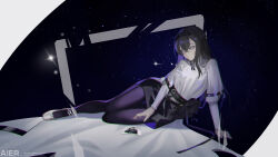 1girl absurdres aier_(2835730563) arknights artist_name black_eyes black_hair black_hairband black_pantyhose black_skirt chinese_commentary chromatic_aberration closed_mouth coat colored_inner_hair commentary crossed_bangs diamond-shaped_pupils diamond_(shape) doctor_(arknights) full_body hair_between_eyes hairband heavy_chromatic_aberration highres lab_coat lapels layered_sleeves long_hair long_sleeves looking_down multicolored_hair open_clothes open_coat pantyhose photo_(object) pixiv_id polaroid_photo priestess_(arknights) purple_hair shoes short_over_long_sleeves short_sleeves skirt solo space star_(sky) strap sweater symbol-shaped_pupils turtleneck turtleneck_sweater white_coat white_shoes white_sweater