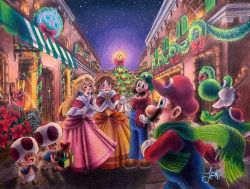 2boys 2girls blonde_hair blue_eyes blush box brothers brown_hair christmas_lights christmas_tree coat crown dinosaur dress earrings facial_hair flower_earrings friends gift gift_box gloves grin hat jewelry laughing long_hair luigi mario mario_(series) merry_christmas multiple_boys multiple_girls mustache night night_sky nintendo open_mouth orange_dress pink_dress princess_daisy princess_peach ribbon scarf siblings sky smile super_star_(mario) super_mario_bros._1 super_mario_land super_mario_world tail toad_(mario) yoshi