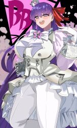 1girl bb_(fate) bb_(flower_parade)_(fate) blush bow bowtie breasts buttons crown double-breasted dress fate/extra fate/extra_ccc fate_(series) gloves hair_ribbon highres large_breasts long_hair long_sleeves looking_at_viewer mini_crown open_mouth pants purple_eyes purple_hair puti_tomato19 red_ribbon ribbon silver_trim smile solo very_long_hair white_dress white_gloves white_pants