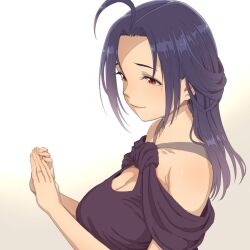 1girl ahoge alternate_hair_length alternate_hairstyle breasts chiaki_rakutarou cleavage cleavage_cutout clothing_cutout highres idolmaster idolmaster_(classic) large_breasts looking_down medium_hair miura_azusa own_hands_together parted_bangs portrait purple_sweater red_eyes shoulder_cutout smile solo sweater white_background