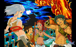 Rule 34 | 2girls, 3boys, architecture, armband, back, bard (ragnarok online), bikini, black gloves, black headband, black shorts, blue eyes, blue eyeshadow, blue sky, breasts, brown eyes, brown hair, brown shirt, brown shorts, cleavage, closed mouth, clothes around waist, coin (ornament), copyright notice, crop top, cross, cross necklace, cross of prontera, cross scar, dancer (ragnarok online), east asian architecture, elemental (creature), eyeshadow, fingerless gloves, fire elemental, full moon, fur-trimmed gloves, fur-trimmed shirt, fur trim, gauntlets, gem, gloves, gold, green eyes, green hair, grey gloves, grey hair, guest art, headband, high ponytail, highres, holding, holding instrument, ifrit (ragnarok online), instrument, jewelry, ligne claire, logo, long hair, looking at another, looking at viewer, looking to the side, lute (instrument), makeup, medium breasts, moon, multiple boys, multiple girls, muscular, muscular male, navel, neck ring, necklace, night, official art, official wallpaper, open mouth, pants, ponytail, purple gloves, ragnarok online, red gemstone, red hair, red lips, scar, sequins, shawl, shirt, shirt around waist, short bangs, short hair, shorts, sky, sleeveless, sleeveless shirt, smile, sniper (ragnarok online), sura (ragnarok online), swimsuit, topless male, two-tone gloves, two-tone shorts, upper body, white pants, white shirt, yamaimo (yamaimo), yellow bikini
