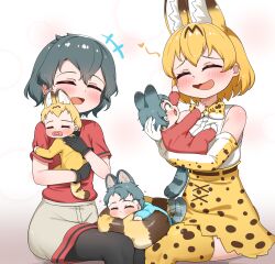 absurdres animal_ears animal_print baby baby_carry black_hair blonde_hair blush bow bowtie carrying cheek_pull child chis_(js60216) closed_eyes couple elbow_gloves extra_ears gloves hat heart highres holding_baby if_they_mated kaban_(kemono_friends) kemono_friends mother_and_child mother_and_daughter multiple_girls open_mouth pacifier print_bow print_bowtie red_shirt science_babies serval_(kemono_friends) shirt short_hair short_sleeves skirt sleeveless sleeveless_shirt smile tail tail_wrap thighhighs wife_and_wife yuri