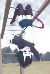 1girl :d absurdres black_hair black_sweater black_thighhighs blue_shorts blurry blurry_background borrowed_character breasts bright_pupils cloud cloudy_sky colored_nipples colored_skin dated day demon_tail depth_of_field ear_piercing earrings garter_straps gradient_horns grey_nipples highres horns jewelry looking_at_viewer medium_hair monkey_bars multicolored_horns navel nipples no_bra open_mouth original outdoors panty_straps piercing pointy_ears red_eyes red_shoes shoes short_shorts shorts skin-covered_horns sky small_breasts smile solo sweater tail thighhighs torn_clothes torn_thighhighs twitter_username upside-down wardrobe_malfunction white_pupils white_skin yoako