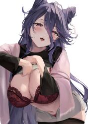 1girl absurdres alternate_costume azur_lane black_shirt black_thighhighs bra breasts chi_an_(azur_lane) cleavage clothes_lift commentary_request cone_hair_bun double_bun grey_shorts hair_between_eyes hair_bun heart heart-shaped_pupils highres large_breasts lifting_own_clothes lingerie long_bangs long_hair long_hair_between_eyes long_sleeves looking_at_viewer navel open_clothes open_mouth open_shorts panties pink_shawl purple_eyes purple_hair red_bra red_panties shawl sherlock_hime shirt shirt_lift shorts simple_background solo stomach symbol-shaped_pupils thighhighs underwear white_background