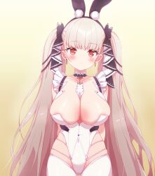 1girl alternate_breast_size arbiter1 arms_behind_back azur_lane between_breasts blush bow bowtie breasts covered_navel earrings formidable_(azur_lane) frills grey_hair highres jewelry large_breasts leotard long_hair looking_at_viewer playboy_bunny red_eyes ribbon simple_background solo thighhighs twintails two-tone_ribbon very_long_hair white_leotard white_thighhighs yellow_background