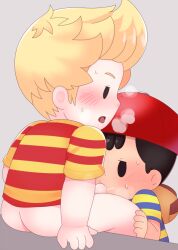 2boys black_hair blonde_hair blush bottomless clothed_sex fellatio hat lucas_(mother_3) male mother_(series) mother_3 multiple_boys ness_(mother_2) nintendo open_mouth oral penis shirt shota sjsj_10 sweat yaoi