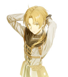 Rule 34 | 1boy, absurdres, arms behind head, belt, blonde hair, chinese commentary, commentary request, highres, long hair, looking at viewer, male focus, mole, mole under eye, mushoku tensei, parted bangs, parted lips, ponytail, robe, rudeus greyrat, simple background, solo, upper body, white background, white robe, xianyusixu, yellow eyes