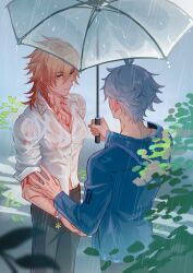 2boys 66034291 absurdres alternate_costume antenna_hair arm_tattoo black_pants blonde_hair blue_jacket blush braid chest_tattoo chinese_commentary collared_shirt commentary_request eye_contact facial_tattoo from_above gradient_hair hair_between_eyes highres holding holding_umbrella honkai:_star_rail honkai_(series) jacket long_sleeves looking_at_another male_focus medium_hair multicolored_hair multiple_boys mydei_(honkai:_star_rail) pants phainon_(honkai:_star_rail) rain red_hair red_tattoo see-through_clothes see-through_shirt shared_umbrella shirt short_hair side_braid sleeves_rolled_up tattoo transparent transparent_umbrella umbrella wet wet_clothes wet_shirt white_hair white_shirt yaoi yellow_eyes