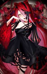 1girl absurdres black_dress black_nails braid breasts cleavage dress fate/grand_order fate_(series) hair_between_eyes hair_ornament highres long_hair looking_at_viewer red_hair small_breasts smile solo sow_graden429 typhon_ephemeros_(fate) very_long_hair yellow_eyes