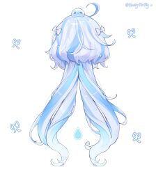Rule 34 | 1girl, ahoge, blue hair, bow, commentary, creature on head, cropped shoulders, english commentary, floofyfloffy, from behind, furina (genshin impact), genshin impact, hair bow, hair focus, hair ornament, heart, heart hair ornament, highres, loose hair strand, low twintails, multicolored hair, ribbon, simple background, slime (creature), solo, streaked hair, twintails, twitter username, two-tone hair, wavy hair, white background, white bow, white hair