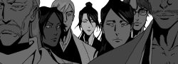 2girls 5boys aizen_sousuke bleach character_request closed_mouth commentary dark-skinned_female dark_skin expressionless facial_hair father_and_son greyscale highres japanese_clothes kimono kuchiki_byakuya kuchiki_soujun kyouraku_shunsui looking_to_the_side monochrome multiple_boys multiple_girls mustache ponytail shihouin_yoruichi swept_bangs teatimebanter unohana_retsu upper_body