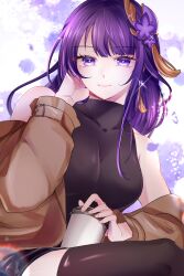 1girl bare_shoulders black_dress black_thighhighs blue_pupils blunt_bangs breasts brown_coat cent_(cent_mz) cleavage closed_mouth coat covered_collarbone cup disposable_cup dress fan_hair_ornament flower_ornament from_side genshin_impact glint hair_ornament happy highres holding holding_cup large_breasts leaning_to_the_side light_smile long_hair long_sleeves looking_at_viewer looking_to_the_side mole mole_under_eye off_shoulder official_alternate_costume open_clothes open_coat purple_background purple_eyes purple_hair raiden_shogun raiden_shogun_(autumn_pop-up_store) sitting sleeveless sleeveless_dress solo thighhighs upper_body