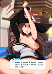 1girl armpits arms_up beauty_(pokemon) black_choker black_dress black_hat blurry blurry_background bound bound_wrists breasts breasts_apart brown_hair character_name choker clenched_hands collarbone dress earrings english_text female_focus green_eyes groin hat highres implied_sex jewelry large_breasts lips long_hair long_sleeves motion_lines nintendo nipples off_shoulder one_breast_out open_mouth parted_bangs pokemon pokemon_masters_ex puffy_nipples rolling_eyes sagging_breasts signature solo spread_legs strangehero stud_earrings sun_hat talking thighs trembling two-tone_dress white_dress white_hat