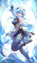 1girl absurdres ahoge arm_up black_gloves blue_hair bodystocking breasts cleavage detached_sleeves ganyu_(genshin_impact) genshin_impact gloves goat_horns hair_between_eyes hand_up high_heels highres horns leotard leotard_under_clothes long_hair long_sleeves looking_to_the_side low_ponytail medium_breasts parted_lips ponytail shoes solo standing standing_on_one_leg white_shoes wuzhihuijia
