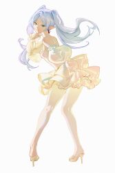 1girl bare_shoulders breasts closed_mouth dress earrings elf frieren green_eyes grey_hair high_heels highres jewelry long_hair long_sleeves looking_at_viewer pantyhose pointy_ears ricin short_dress simple_background smile solo sousou_no_frieren twintails white_background white_dress white_hair white_pantyhose