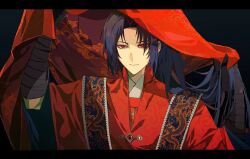 1boy black_background black_gloves black_hair candypaperl chinese_clothes chinese_wedding closed_mouth dragon_print gloves gradient_background hanfu high_ponytail highres holding holding_own_hair holding_veil honggaitou jia_huan_(project_moon) letterboxed limbus_company long_hair long_sleeves looking_ahead male_focus ponytail project_moon red_eyes red_hanfu slit_pupils solo upper_body wide_sleeves