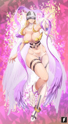 1girl angel angel_wings angewomon ankle_boots arm_up armor armpits artist_logo asymmetrical_clothes bare_shoulders belt black_belt blonde_hair bodysuit boobplate boots breastplate breasts cleavage clothing_cutout commentary_request covered_collarbone covered_eyes digimoji digimon digimon_(creature) elbow_gloves feathered_wings full_body gloves hagoromo helmet helmet_over_eyes highres holy_ring large_breasts logo long_hair multiple_wings nail_polish navel o-ring o-ring_belt parted_lips pink_background shawl single_elbow_glove skindentation smile solo stomach_cutout teng_zhai_zi thigh_belt thigh_strap white_bodysuit white_boots white_gloves winged_helmet wings wrist_wings zipper