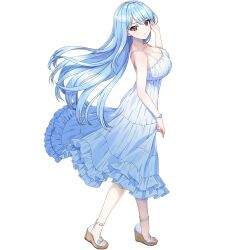 1girl blue_hair bracelet breasts cleavage dolphin_wave dress game_cg high_heel_sandals highres jewelry large_breasts light_smile long_hair looking_at_viewer looking_back nayuki_hiori non-web_source official_art ootomo_takuji red_eyes sandals sundress transparent_background wedge_heels white_dress