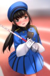 1girl black_hair blue_hat blue_jacket blue_skirt blush brown_eyes gloves hat holding holding_baton jacket long_hair long_sleeves looking_at_viewer marching_band marching_band_baton matsunaga_kouyou open_mouth original running_track skirt smile standing teeth white_gloves
