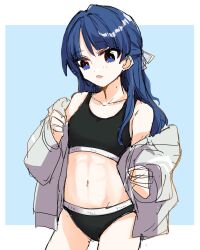 Rule 34 | 1girl, abs, armpit crease, bare shoulders, black panties, black sports bra, blue background, blue eyes, blue hair, border, borrowed clothes, breasts, collarbone, commentary, cowboy shot, grey jacket, highres, jacket, jacket partially removed, kanduki kamibukuro, link! like! love live!, long sleeves, love live!, mole, mole on neck, murano sayaka, navel, outside border, panties, simple background, small breasts, solo, sports bra, stomach, underwear, virtual youtuber, white border, yugiri tsuzuri, yugiri tsuzuri (summer training wear)