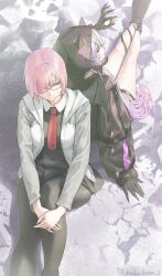 2girls arm_support back-to-back bat_wings black_boots black_dress black_hands black_jacket black_pantyhose boots breasts candy chaldea_logo closed_eyes closed_mouth colored_extremities dress fate/grand_order fate_(series) fingernails food glasses gradient_hair grey-framed_eyewear grey_jacket hair_between_eyes hair_over_one_eye hand_up hashtag-only_commentary highres holding hood hood_up hooded_jacket jacket knee_up lilith_(fate) lilith_(first_ascension)_(fate) lollipop long_fingernails long_hair long_sleeves looking_to_the_side mash_kyrielight mouth_hold multicolored_hair multiple_girls necktie open_clothes open_jacket own_hands_together pantyhose pink_hair purple_eyes red_necktie shirt short_hair sitting sleeves_past_wrists thigh_strap tonko_from twitter_username two-tone_hair white_hair wings