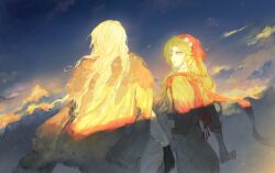 2girls absurdres black_gloves blonde_hair blue_eyes blue_sky brown_coat brown_jacket brown_skirt cloud coat coat_on_shoulders dawn facing_away flower from_behind fur-trimmed_coat fur_trim gloves hair_flower hair_ornament headscarf highres jacket long_hair looking_at_another luori_dianxin multiple_girls outdoors profile red_headscarf red_scarf reverse:1999 scarf shade skirt sky sunlight upper_body vila_(reverse:1999) white_flower white_hair windsong_(reverse:1999)