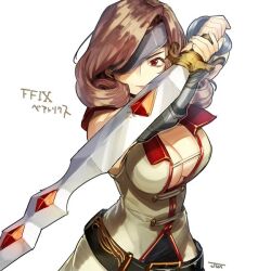 1girl beatrix_(ff9) belt breasts brown_hair character_name copyright_name final_fantasy final_fantasy_ix gauntlets holding holding_sword holding_weapon large_belt large_breasts long_hair red_eyes signature simple_background solo sword upper_body weapon white_background zyunya