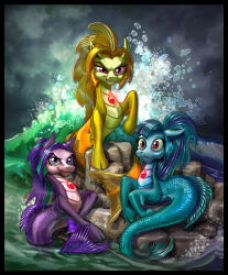 adagio_dazzle adagio_dazzle_(siren) aria_blaze aria_blaze_(siren) gem harwicks-art highres long_hair looking_at_viewer multicolored_hair my_little_pony ocean pink_eyes purple_eyes red_gemstone rock scales siren_(mythology) sonata_dusk sonata_dusk_(siren) two-tone_hair waves