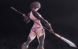 1girl ass butt_crack highres lips no_pants polearm rayden-lgx short_hair spear tagme underwear weapon