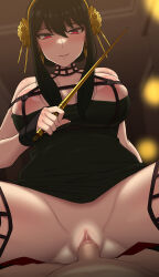 Rule 34 | 1boy, 1girl, areola slip, bare shoulders, black dress, black hair, black thighhighs, blush, breasts, closed mouth, cowgirl position, dress, gold hairband, hairband, hetero, highres, holding, holding weapon, large breasts, long hair, looking at viewer, nt00, penis, pov, pov crotch, pussy, red eyes, sex, solo focus, spy x family, straddling, thighhighs, vaginal, variant set, weapon, wristband, yor briar